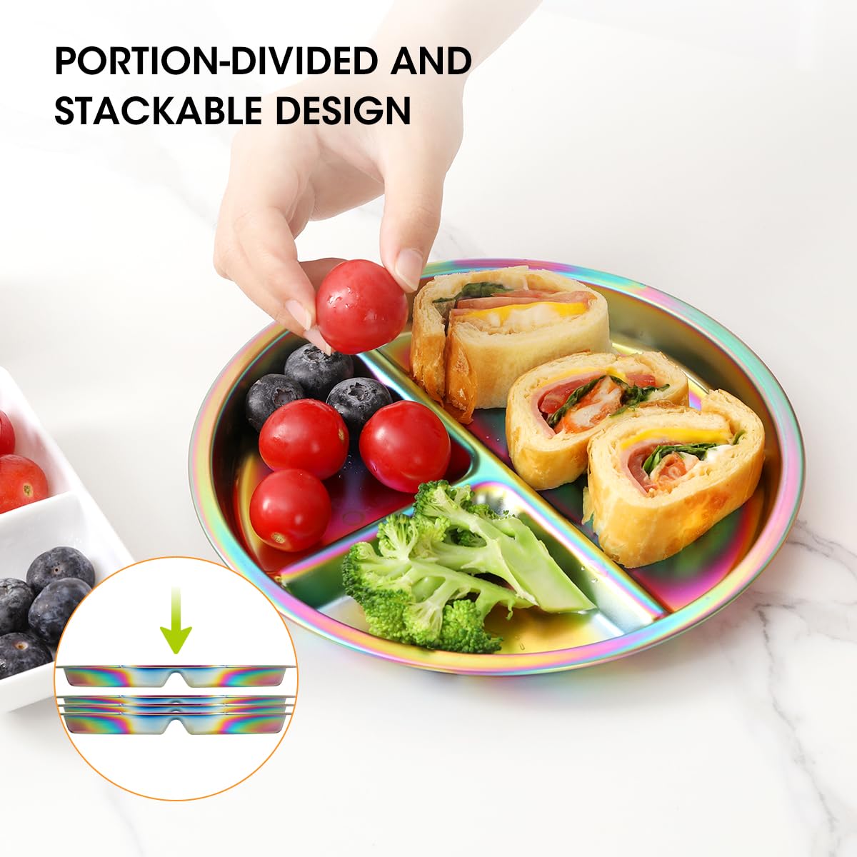 Stainless Steel Kids Plates, 4 Pack Round Divided Toddler Plates, Portion Control Plate 9 Inch