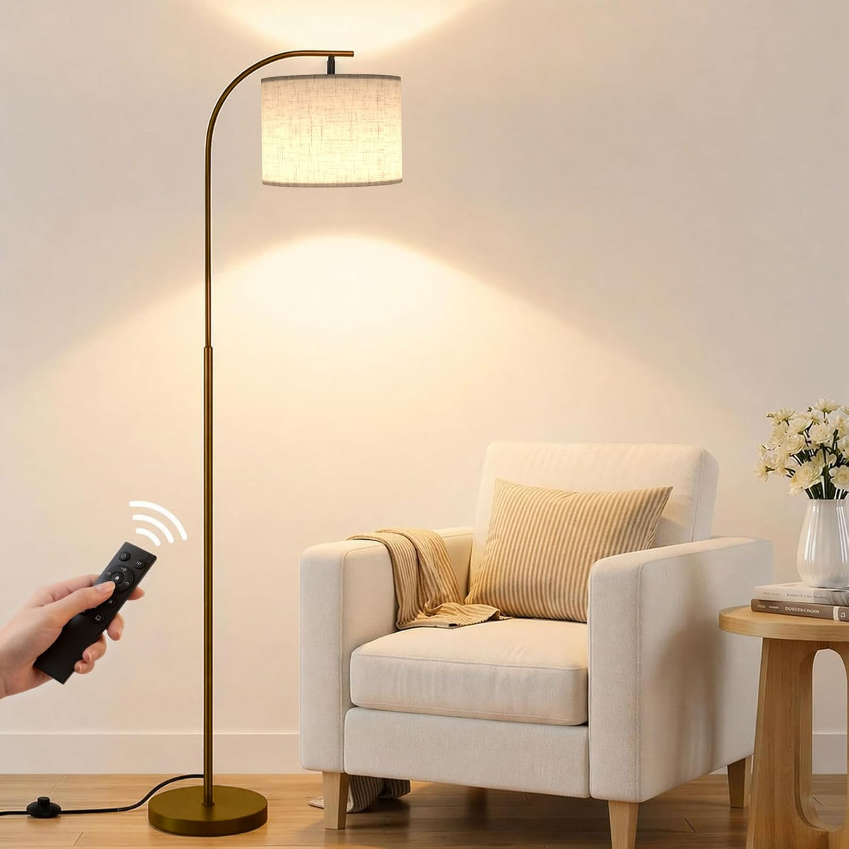 Floor Lamp with Linen Shade, Arc Dimmable Tall Standing Lamp with Remote Control, Modern Floor Reading Light Bedroom