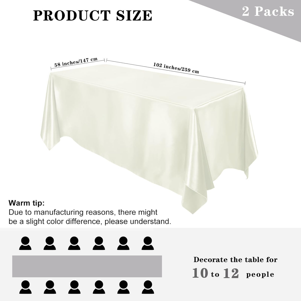 2 Pack Satin Rectangular Tablecloth, 102 x 58 Inches, Ivory