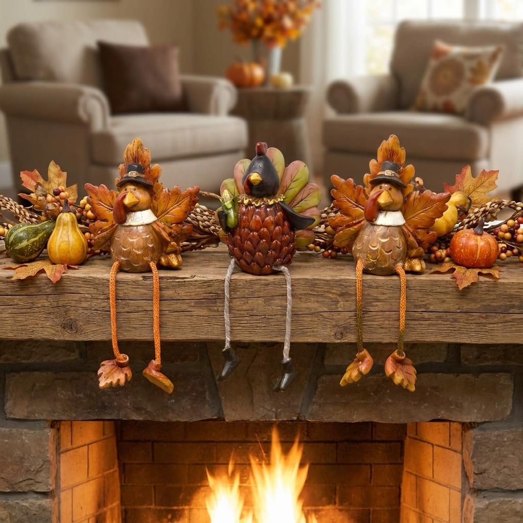 Thanksgiving Turkey Ceramic Shelf Sitters Decorations 3 Pack Table Topper