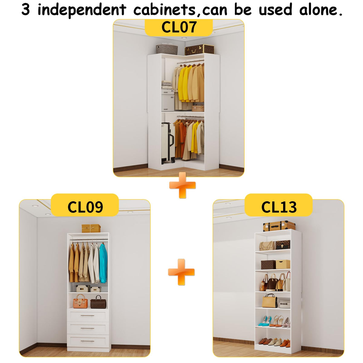 Corner Closet System with 3 Drawers, Closet Organizer System with 6 Hanging Rods 7 Shelves Walk in Wooden Modular