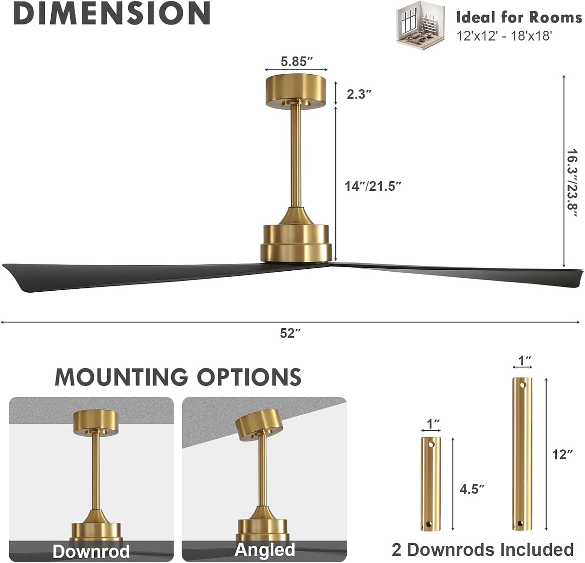 52" Ceiling Fan with Remote, No Light