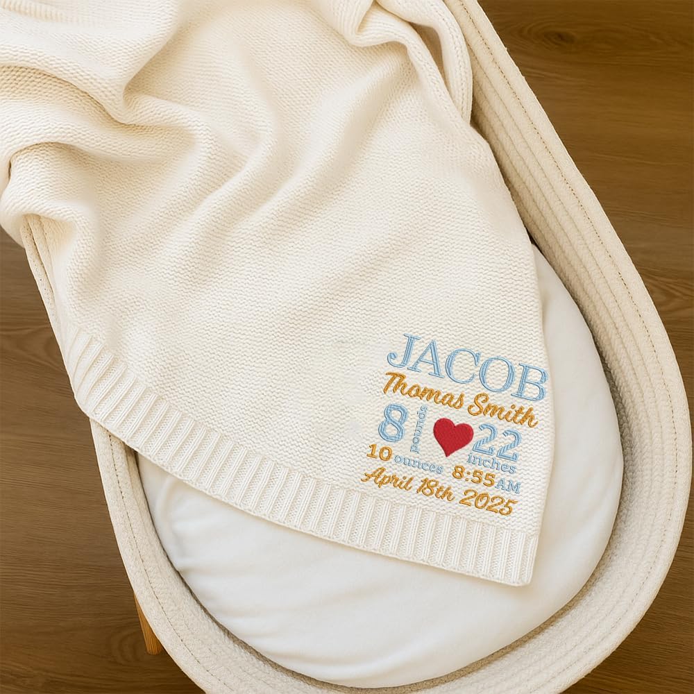 Luxury Personalized Baby Blanket with Birth Stats Embroidered, Custom Name, Date, Weight, Length, Soft Knit 100%