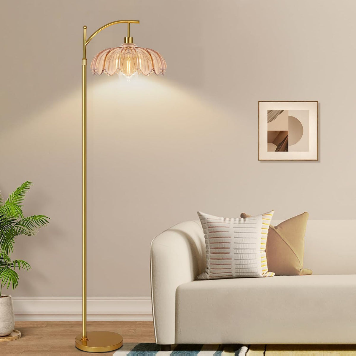 Arc Floor Lamp Gold Floor Lamp with Remote Control,Dimmable Floor Lamps With Glass Lampshades,Mid Century Modern