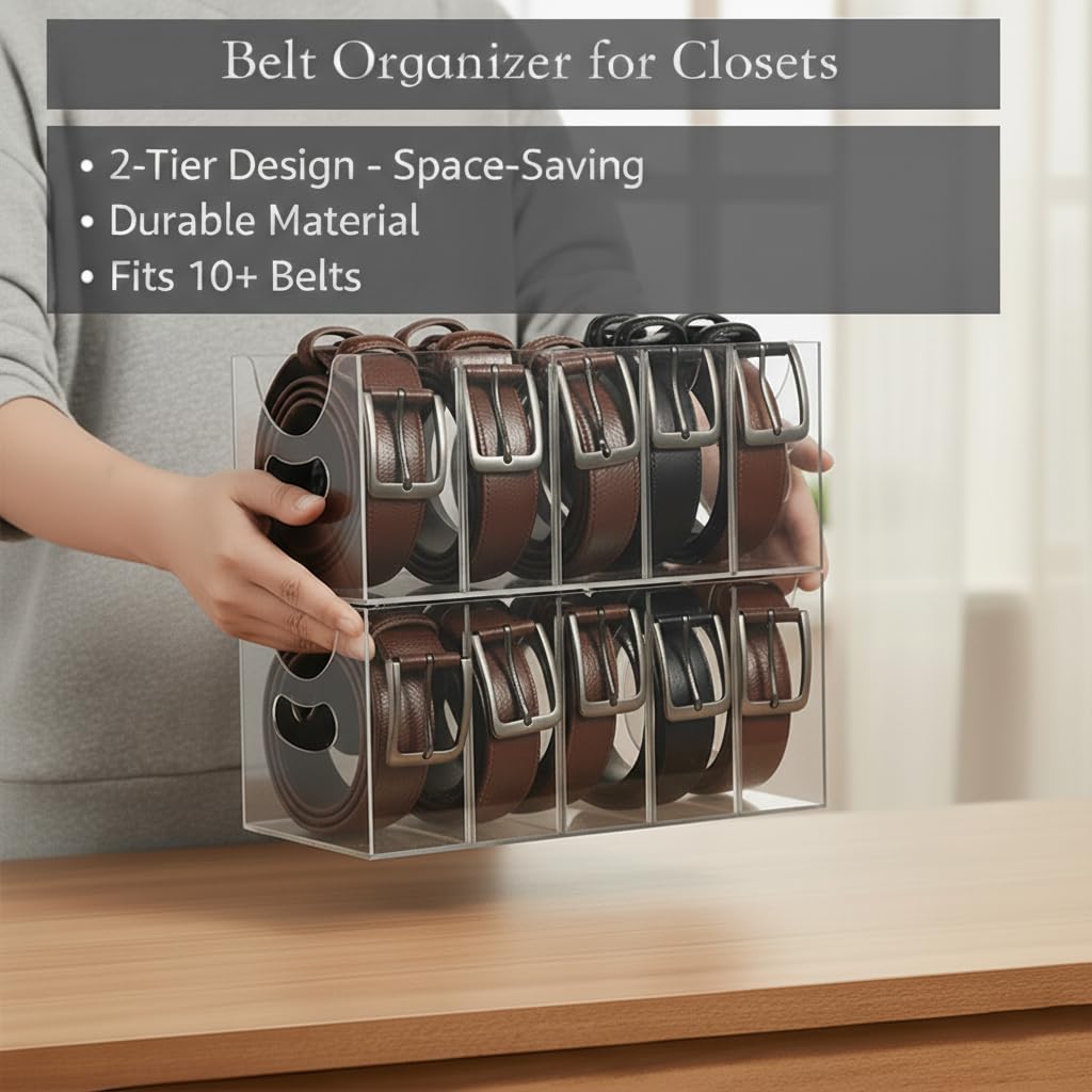 Belt Organizer,Acrylic Belt Organizer for Closet with Removable Dividers 5 Compartments & Handles Drawer organization