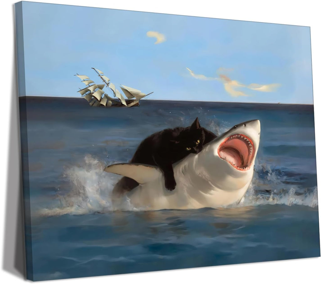 Framed Black Cat Bathroom Wall Art, Funny Quirky Cat and Shark Pictures Canvas Print, Abstract Black Cat Shark