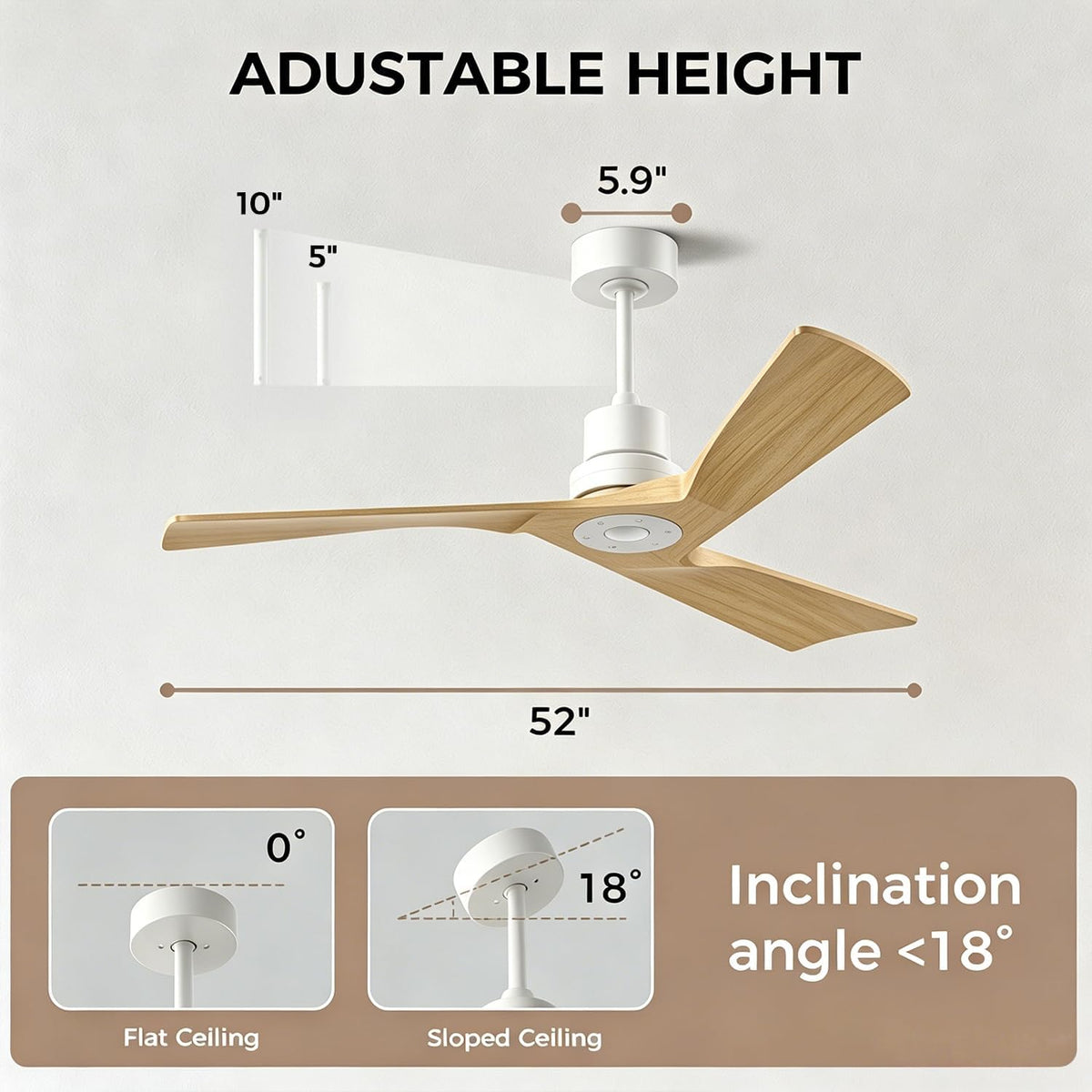 52" White Ceiling Fan with Remote, No Light