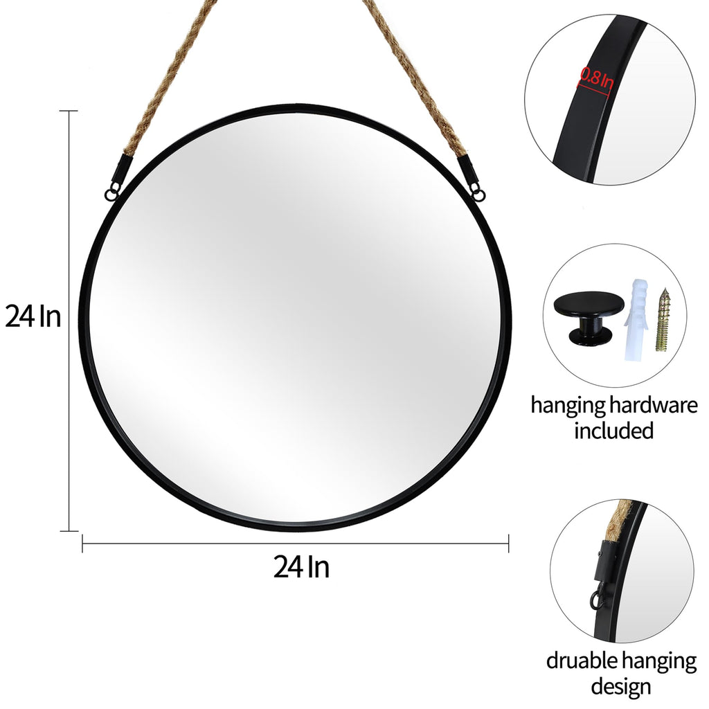 24" Round Wall Mirror with Jute Rope, Circle Hanging Mirror for Wall