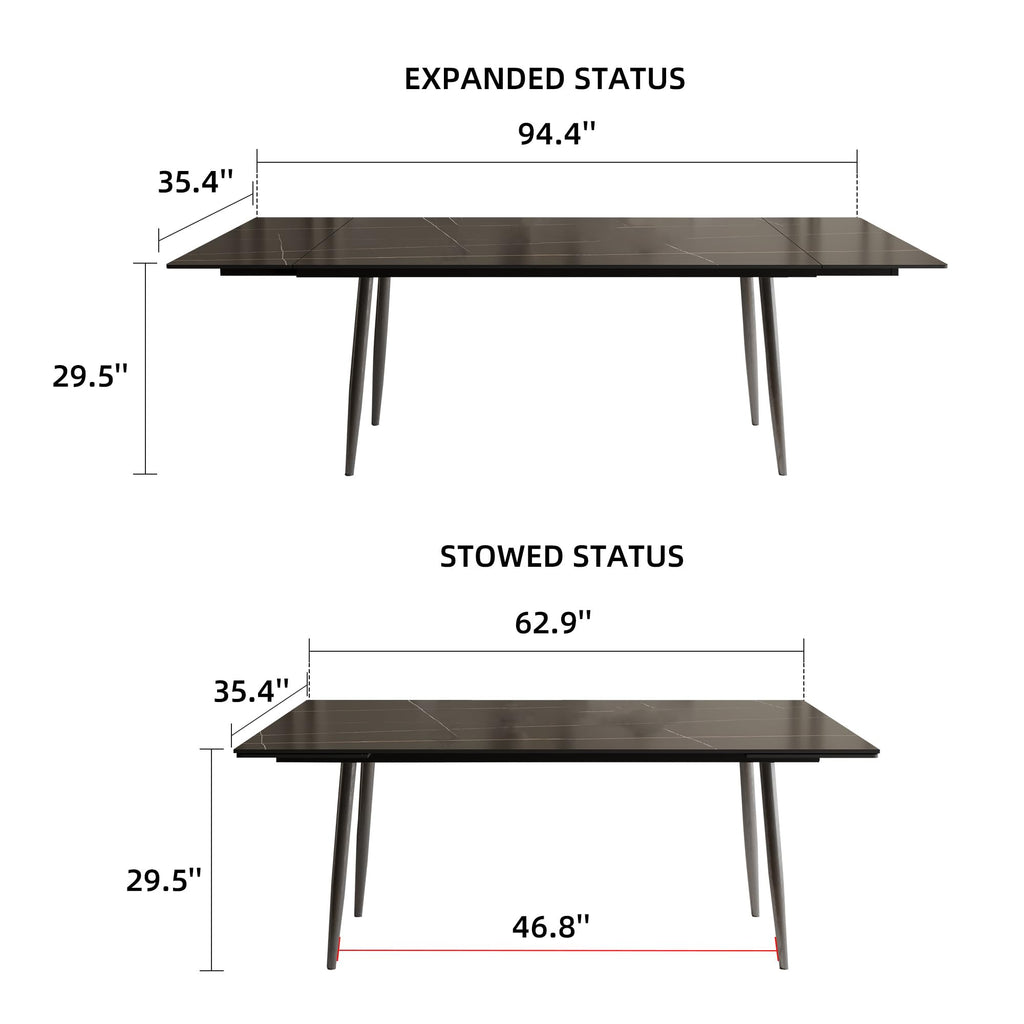 62.9"-94.4" Extendable Dining Table with Sintered Stone Tabletop