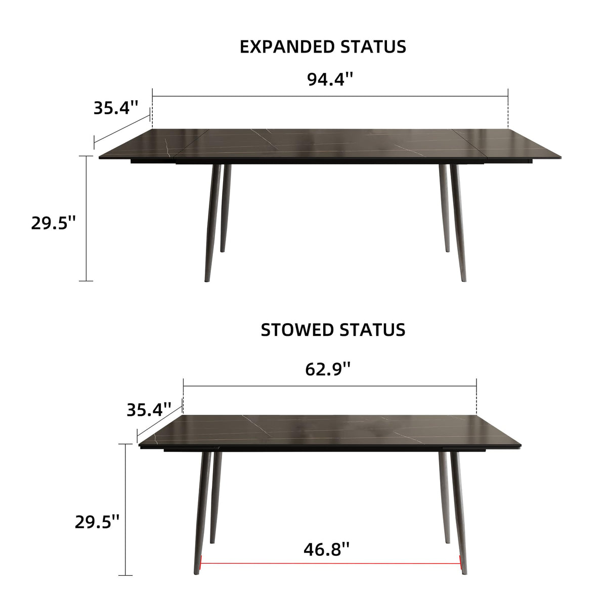 62.9"-94.4" Extendable Dining Table with Sintered Stone Tabletop