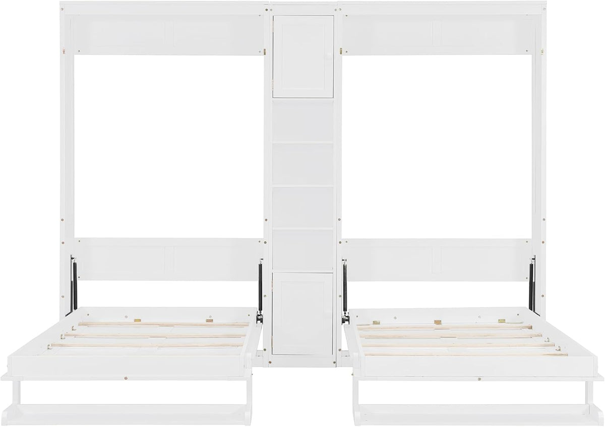 110W Dual Twin Wall Murphy Beds with Cabinets and Shelves,Sleeping Arrangement for Multipurpose Area, Bedroom, Guest