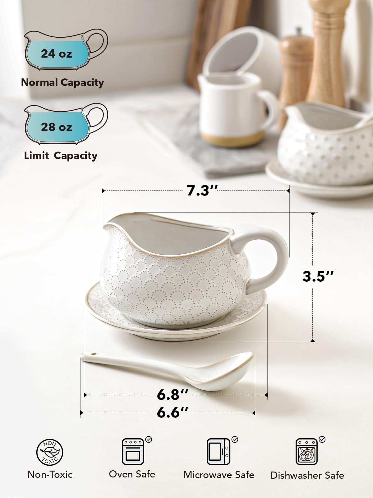 Gravy Boat with Ladle and Saucer Stand 24oz, Ceramic Sauce Boat with Tray for Salad Dressings, Creamer, Broth, Black