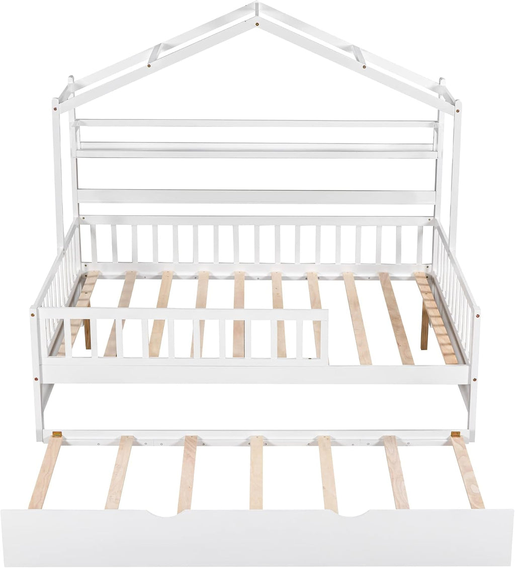 Wooden Full Size House Bed with Twin Size Trundle, Kids Bed with Shelf, White (Full, White+Trundle)