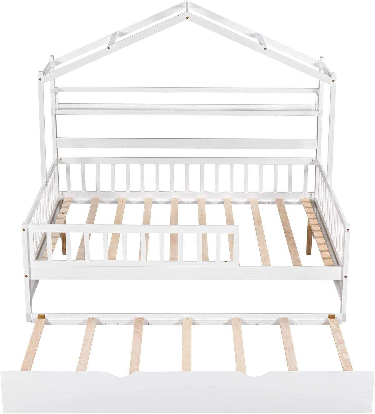 Wooden Full Size House Bed with Twin Size Trundle, Kids Bed with Shelf, White (Full, White+Trundle)