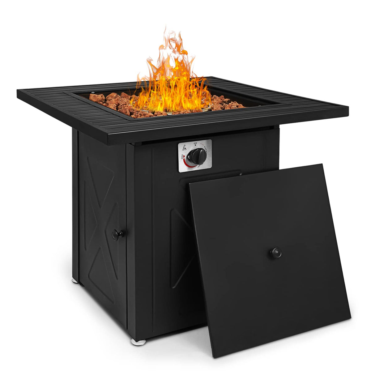 28 in Square Propane Fire Pits Table, 50000 BTU Outside Dinning Propane Outdoor Fire Pit Table Top with Lid, Deck