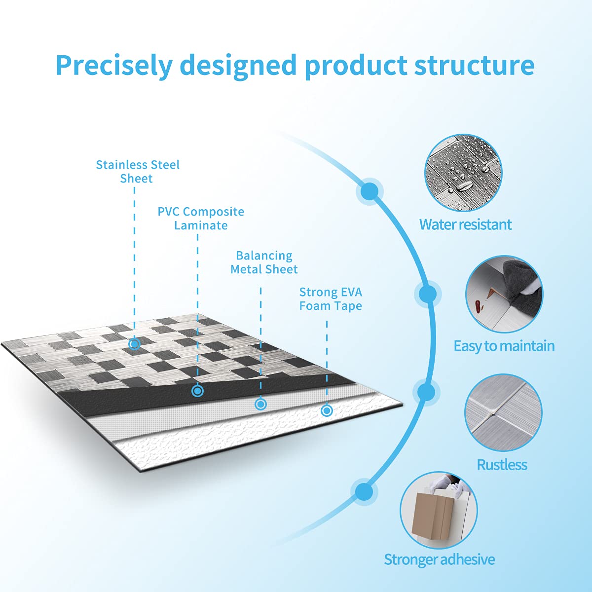 10-Pack Metal Peel and Stick Backsplash Tile, Silver Aluminium