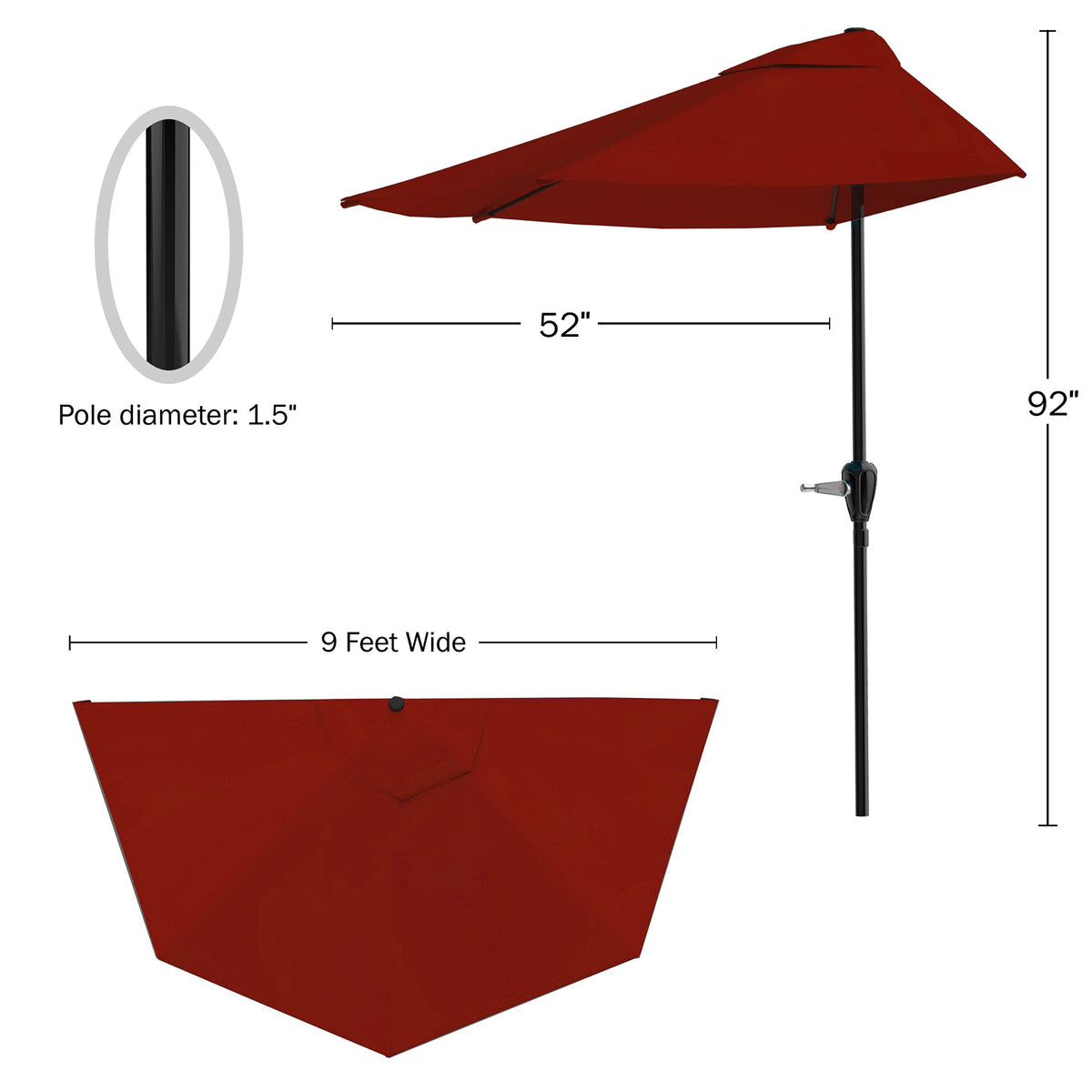9 ft Half Umbrella Outdoor Patio Shade, Maroon Red