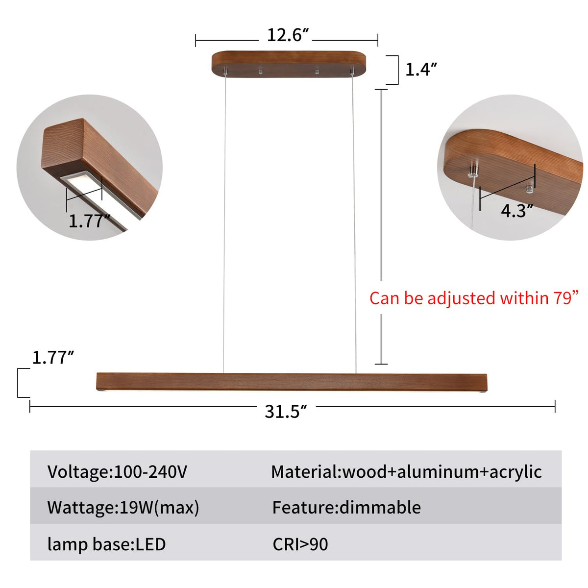 31.5" Wood Linear Pendant Light - Dimmable LED Chandelier with Remote, Adjustable Modern Farmhouse Lighting Islands