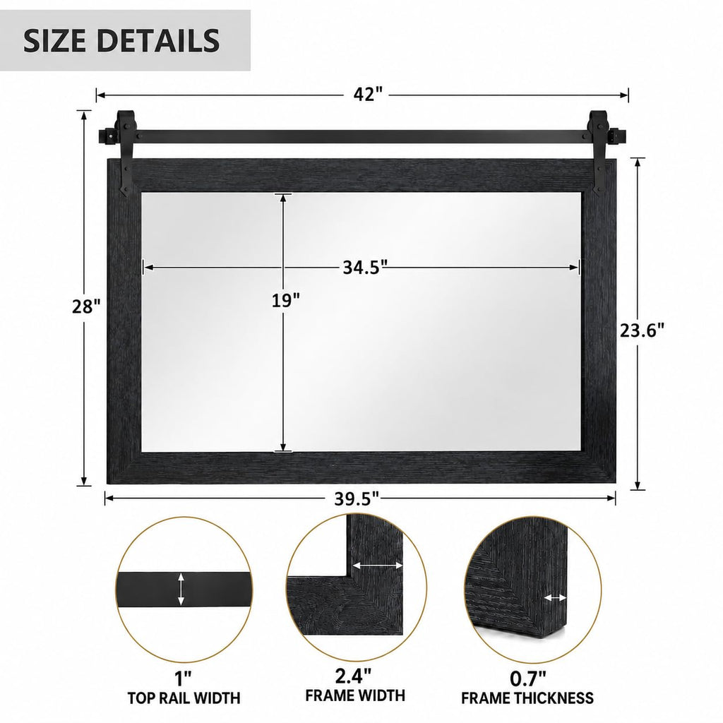 Farmhouse Mirror 42"x28" Black Rustic Mirror for Wall Vanity Mirrors Barn Door Style Decor Bathroom Living Room