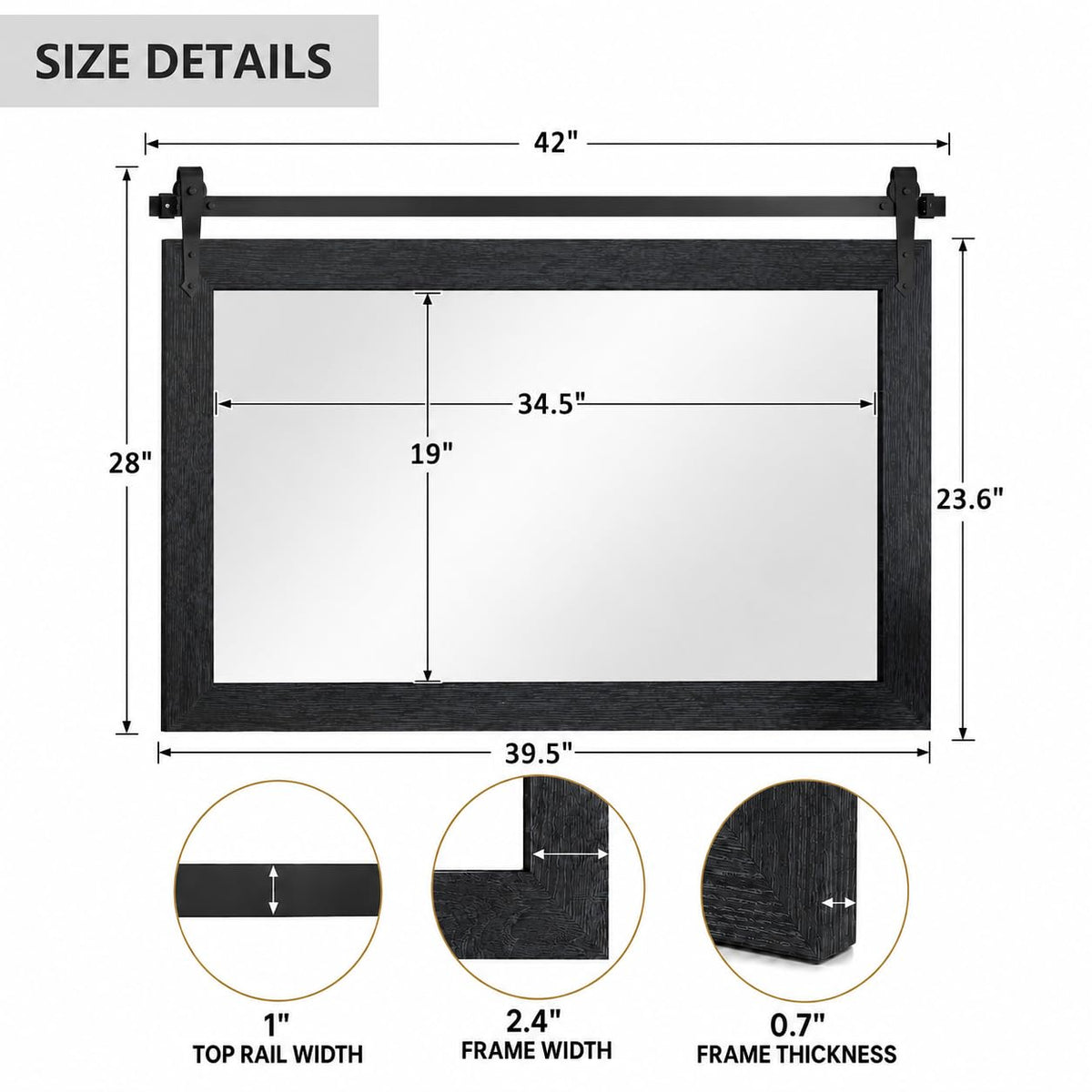 Farmhouse Mirror 42"x28" Black Rustic Mirror for Wall Vanity Mirrors Barn Door Style Decor Bathroom Living Room