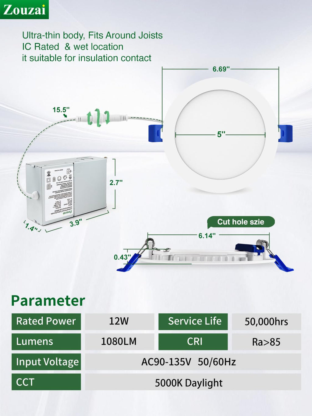 24 Pack 6" LED Recessed Lighting, 5000K Daylight, 12W Eqv 110W, 120V