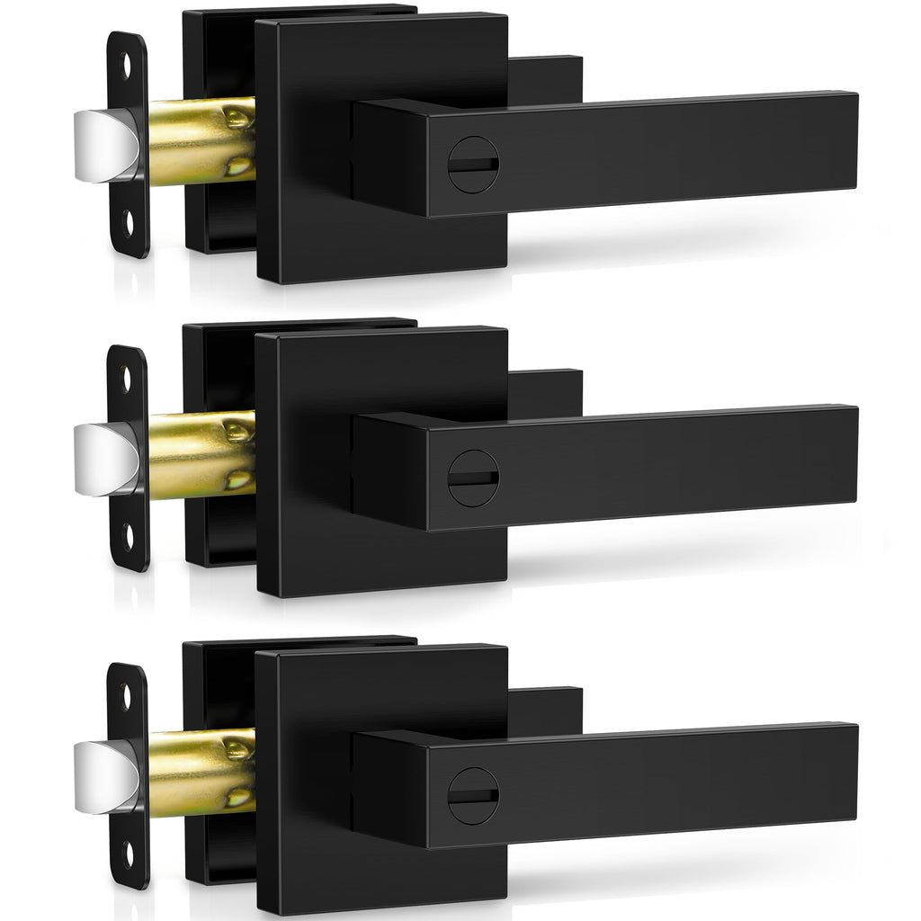 3 Pack Matte Black Door Handles, Keyless Interior Door Knobs, Privacy Door Lever Locksets Bathroom, Heavy Duty Square