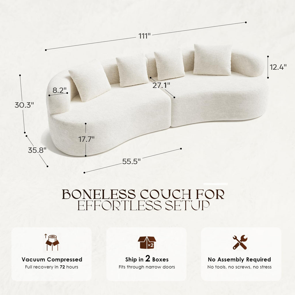 110 Boneless Sectional Couch Modern Curved Cream White