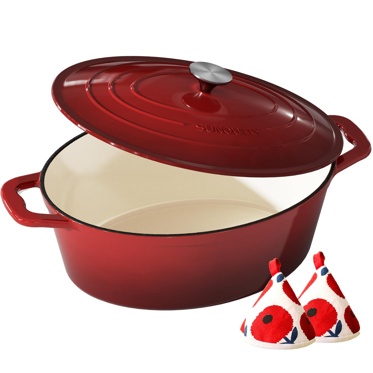 Enameled Cast Iron Dutch Oven, 9.3QT Pot with Lid, Cherry Red