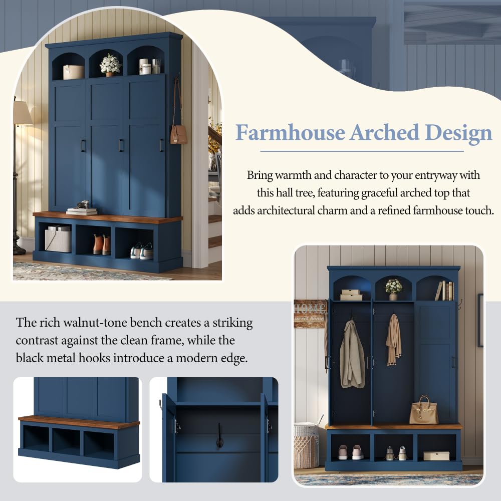 Farmhouse Blue Hall Tree with Bench, 3 Hidden Storage with 3 Hooks