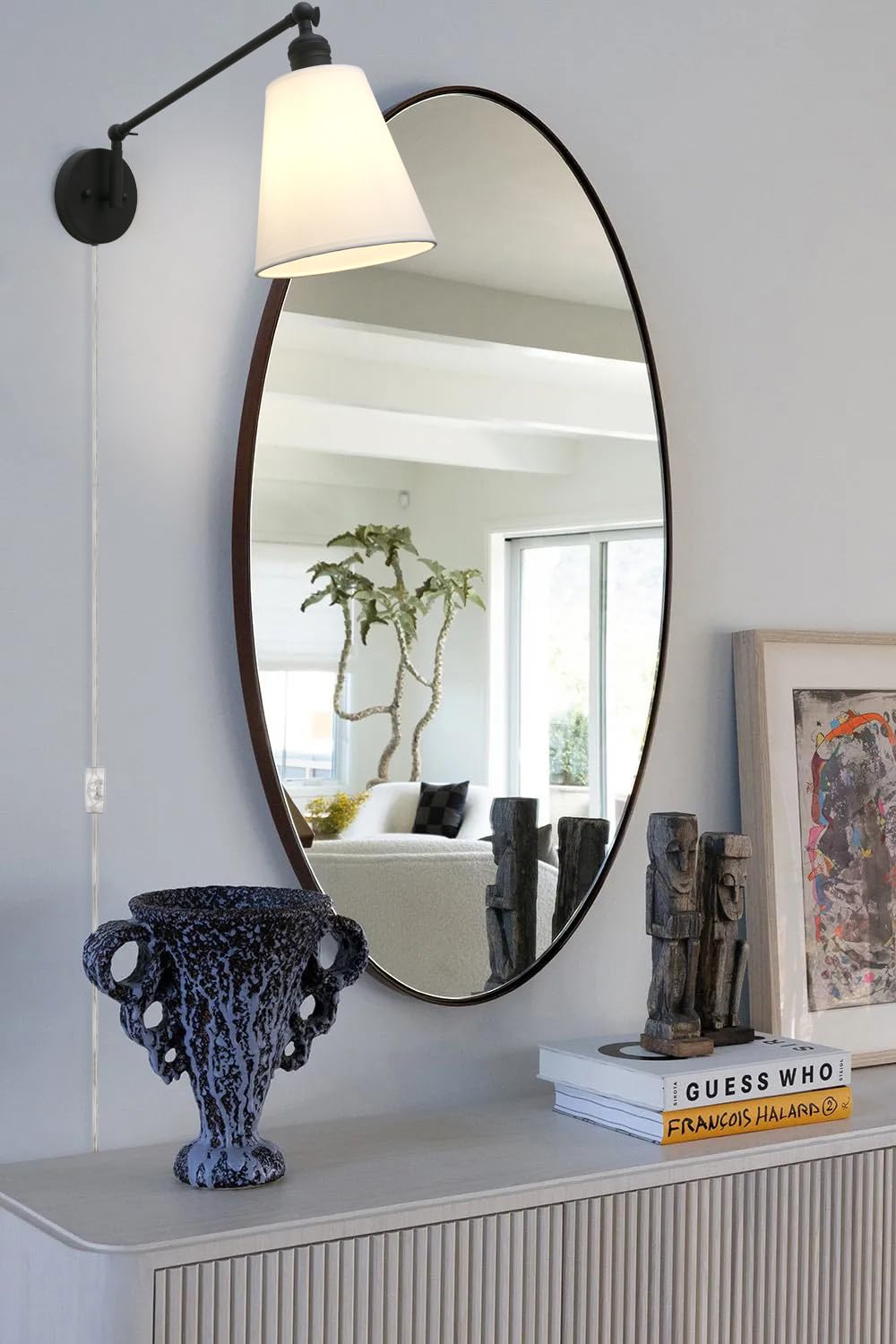 Retro Swing Arm Wall Sconce Plug in Wall Lamp Black Single Sconce with White Fabric Shade Wall Light Fixture Living