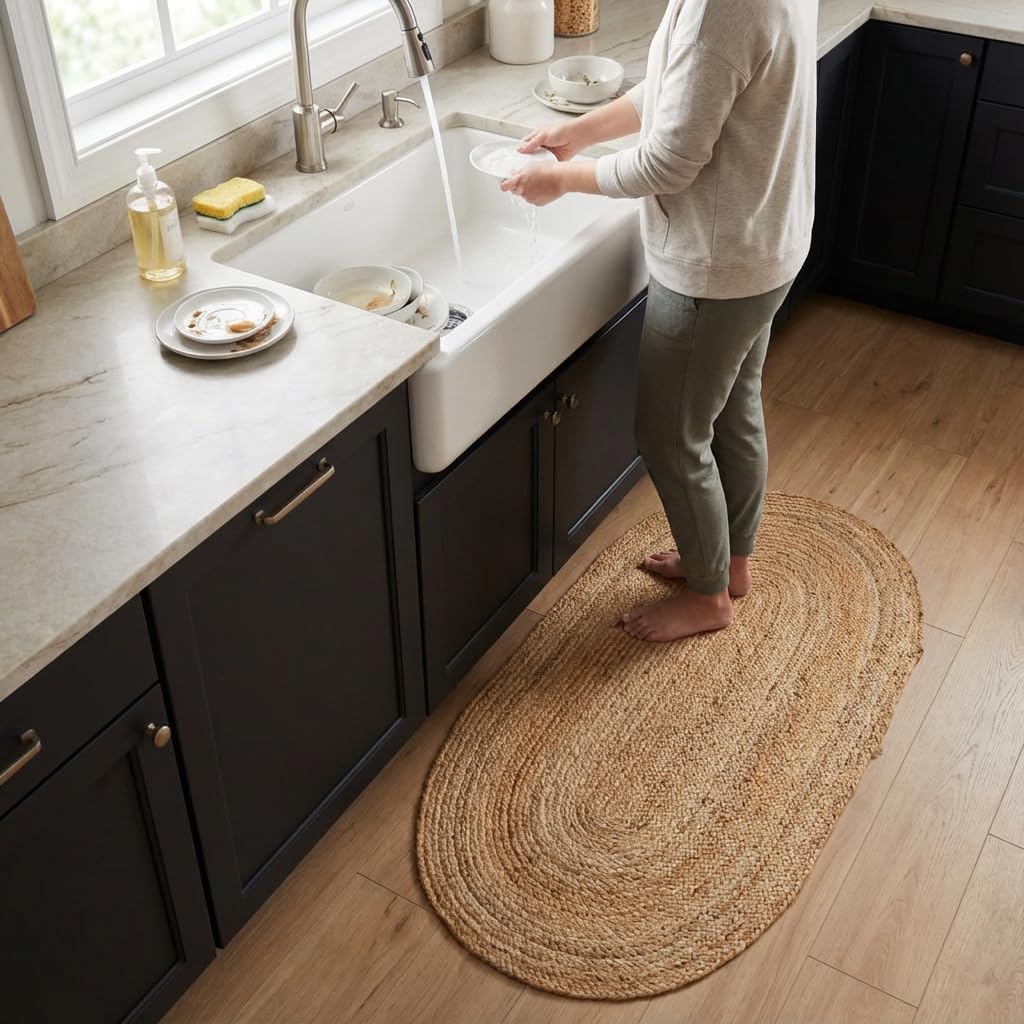 Boho Oval Jute Rug - Reversible Natural Fiber Hearth Carpet- Eco Friendly Floor Covering - Doorway Hand Woven