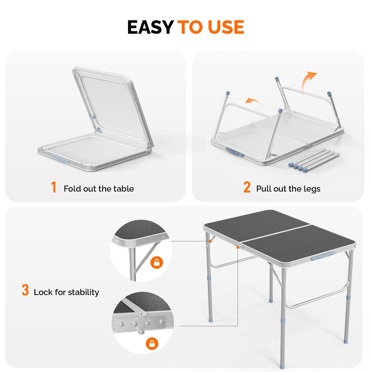 3FT Small Camping Table Adjustable Height Aluminum Folding Table for Picnic Party BBQ, Plastic RV Suitcase Table