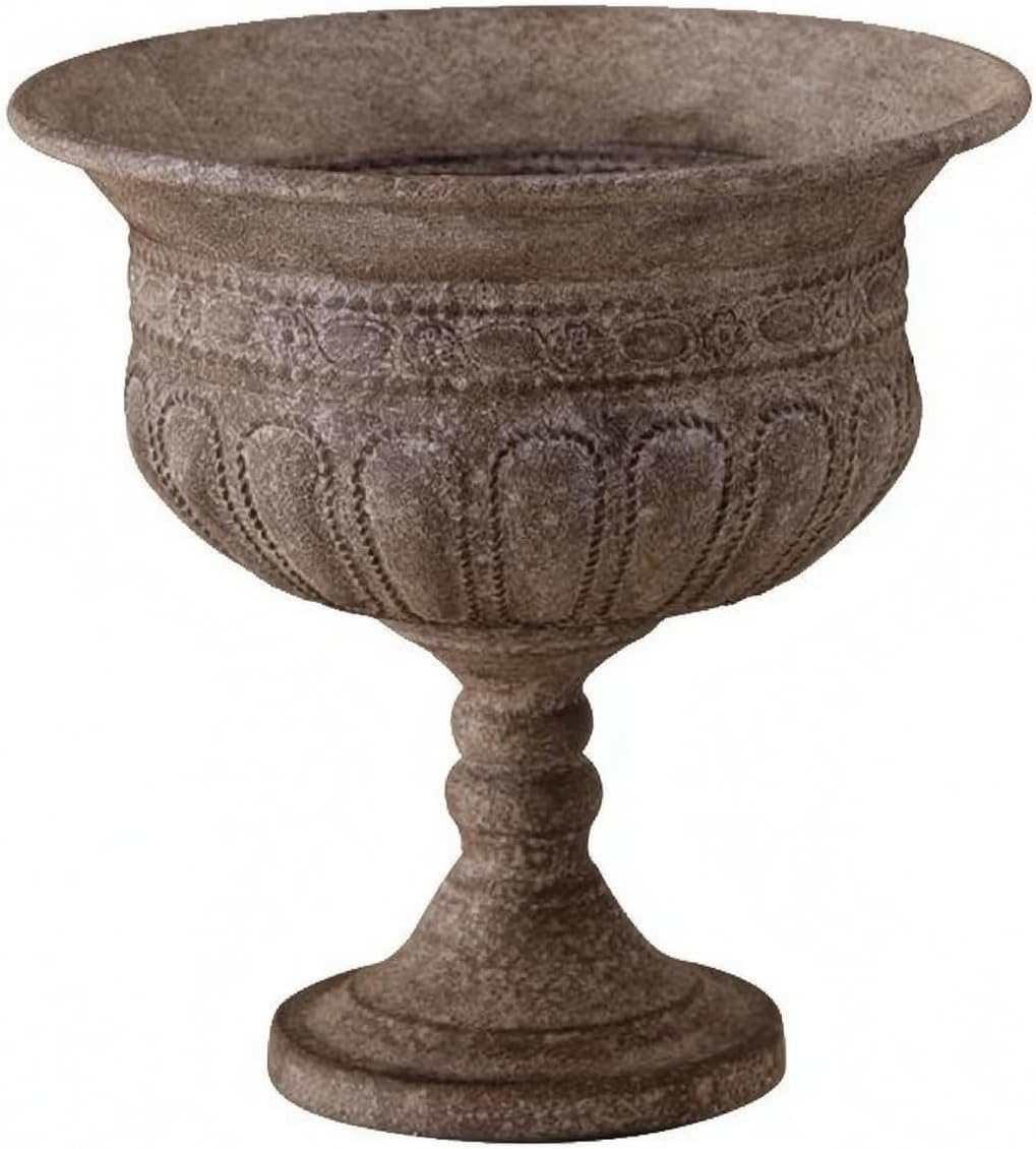 Outdoor Trophy Vase Traditional Urn Planter Pedestal Flower Pot with Textured Surface Iron Construction Wide Opening