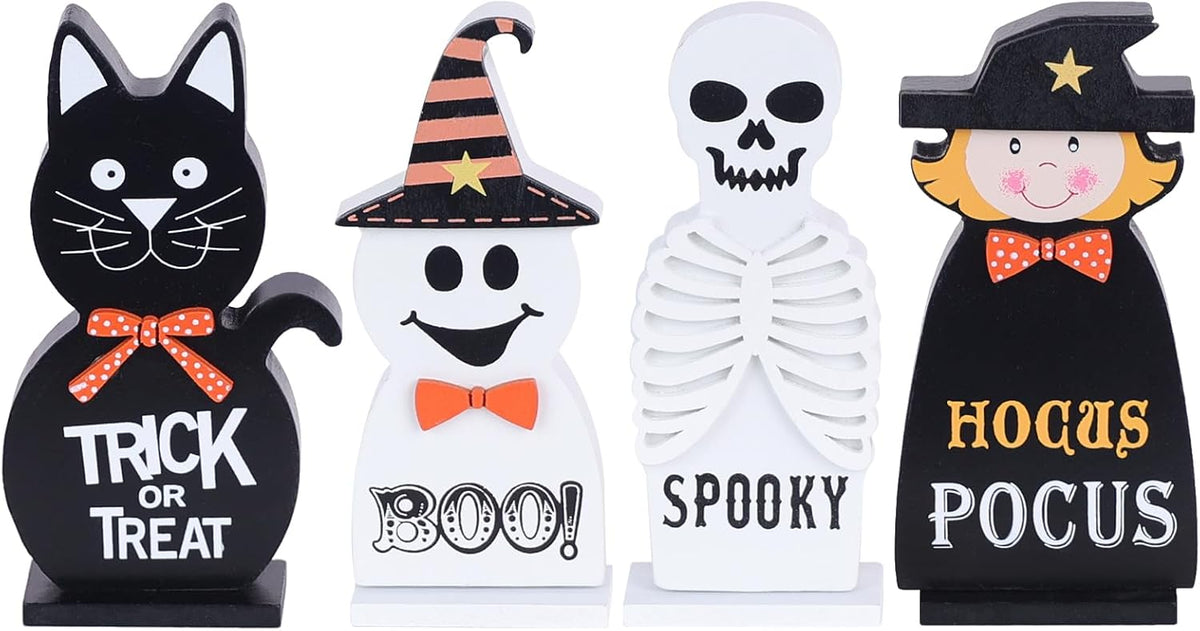 Halloween Decorations Indoor, Wood Blocks Halloween Table Decor, Ghost Black Cat Skull Witch Gothic Tabletop - Set of 4