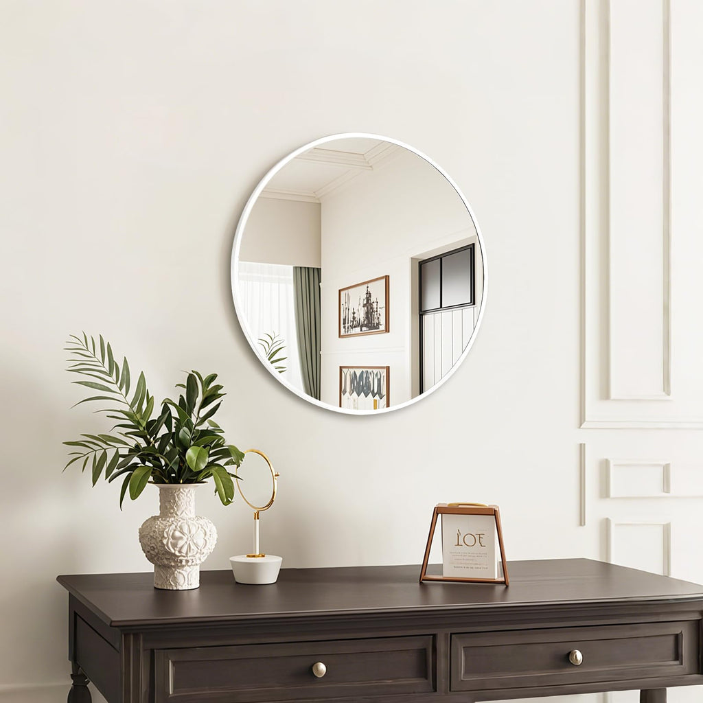 White Round Mirror 18 Inch, Wall Circle Mirror, Matte Framed