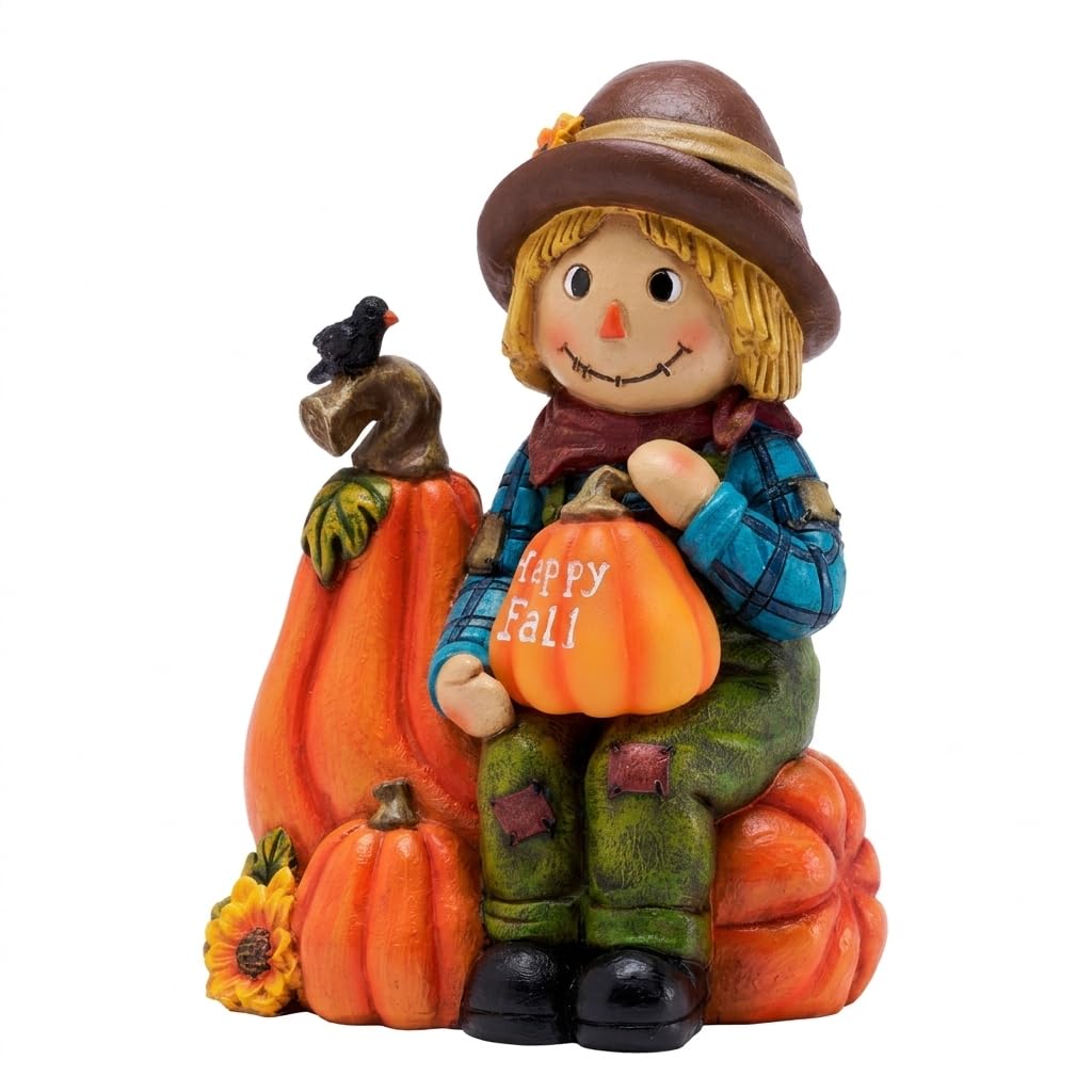 Fall Outdoor Decor Scarecrow Pumpkin Solar Statue 6.3"