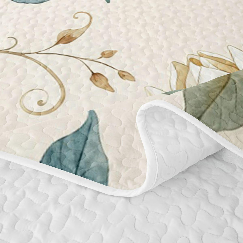 Abstract Floral Quilt Set, French Country Romantic Floral Quilted Coverlet, Retro Farmhouse Style Bedspread