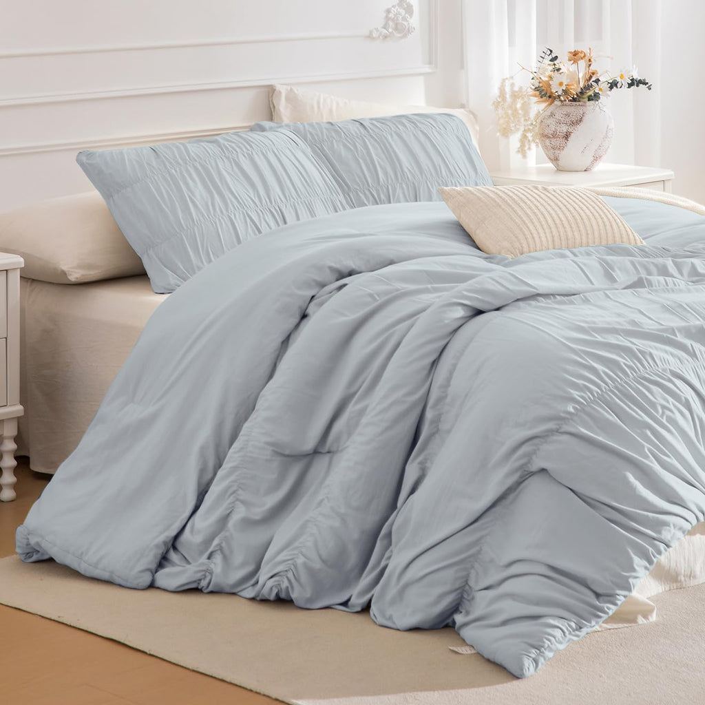 Comforter Set Light Blue Ruched Bedding Comforter Sets, Ultra Soft Ruffle Fluffy 106"*95" Shabby and