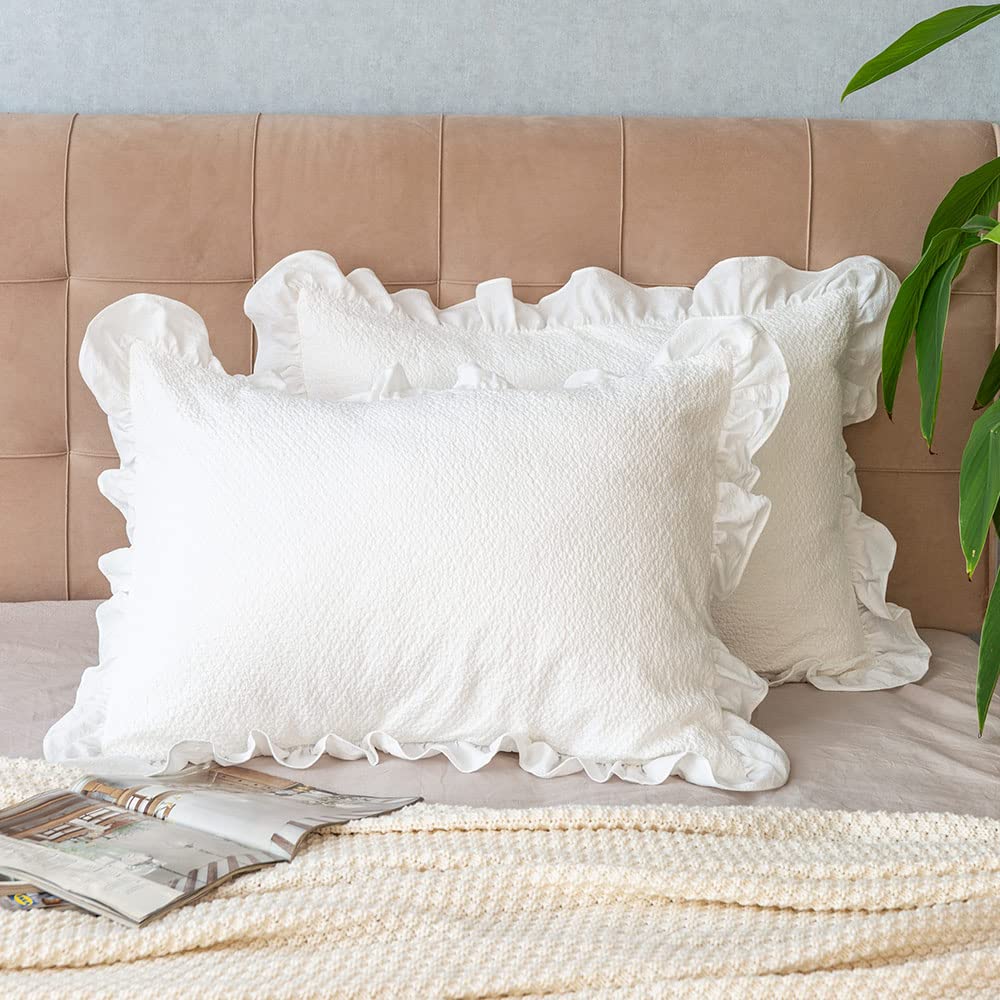 Pillow Shams Set of 2 Pure Cotton Champray Ruffled Edge, Thick and Solid Washed Dobby Heavy Fabric Standard 20x26