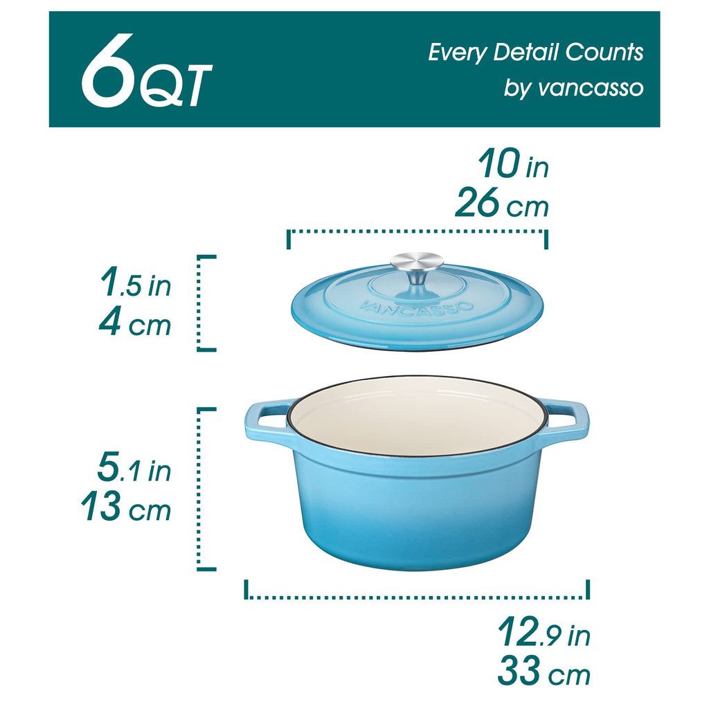6 Qt Round Enameled Cast Iron Dutch Oven with Lid & Handles, Blue