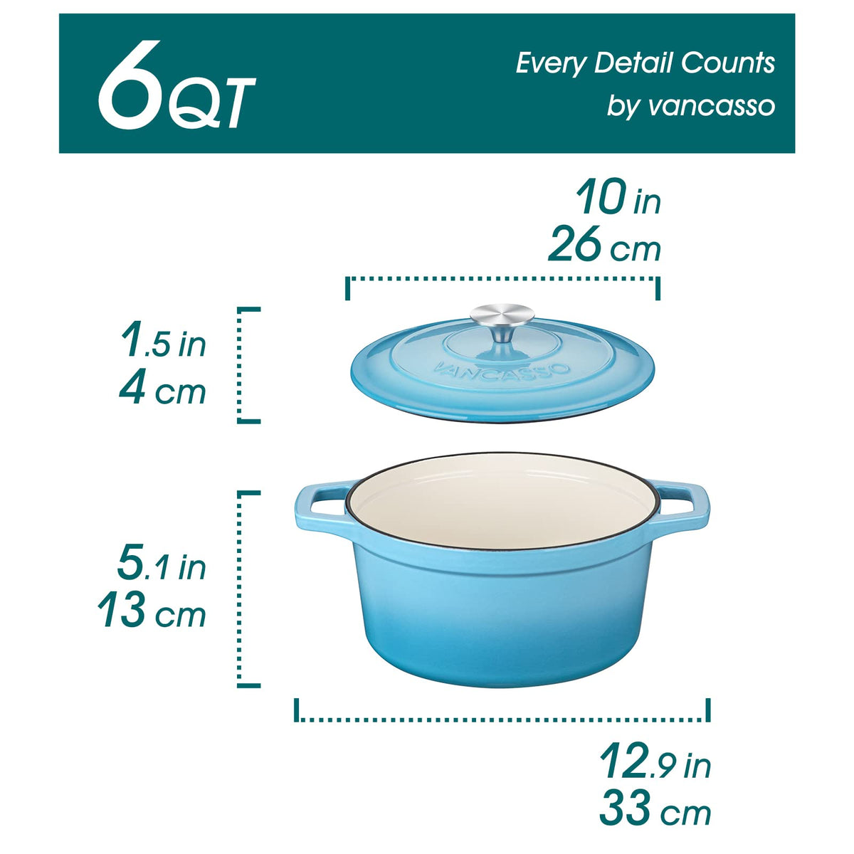 6 Qt Round Enameled Cast Iron Dutch Oven with Lid & Handles, Blue