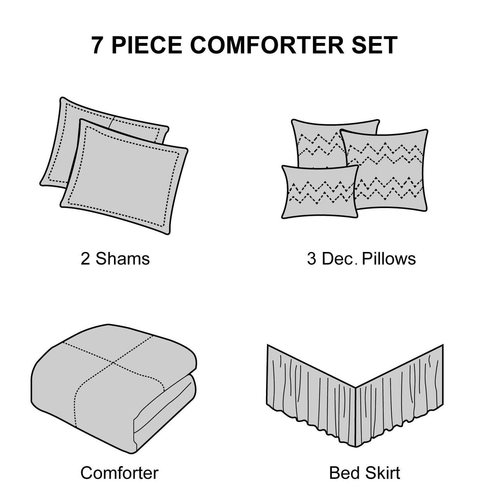 Navy Damask Patchwork Comforter Sets Bed, 7 Piece, Chain Stitching Embroidery Ultra Soft, Premium