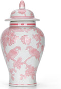 11′′ Pink Ginger Jar with Lid Porcelain Stylized Songbirds Floral Temple Jar