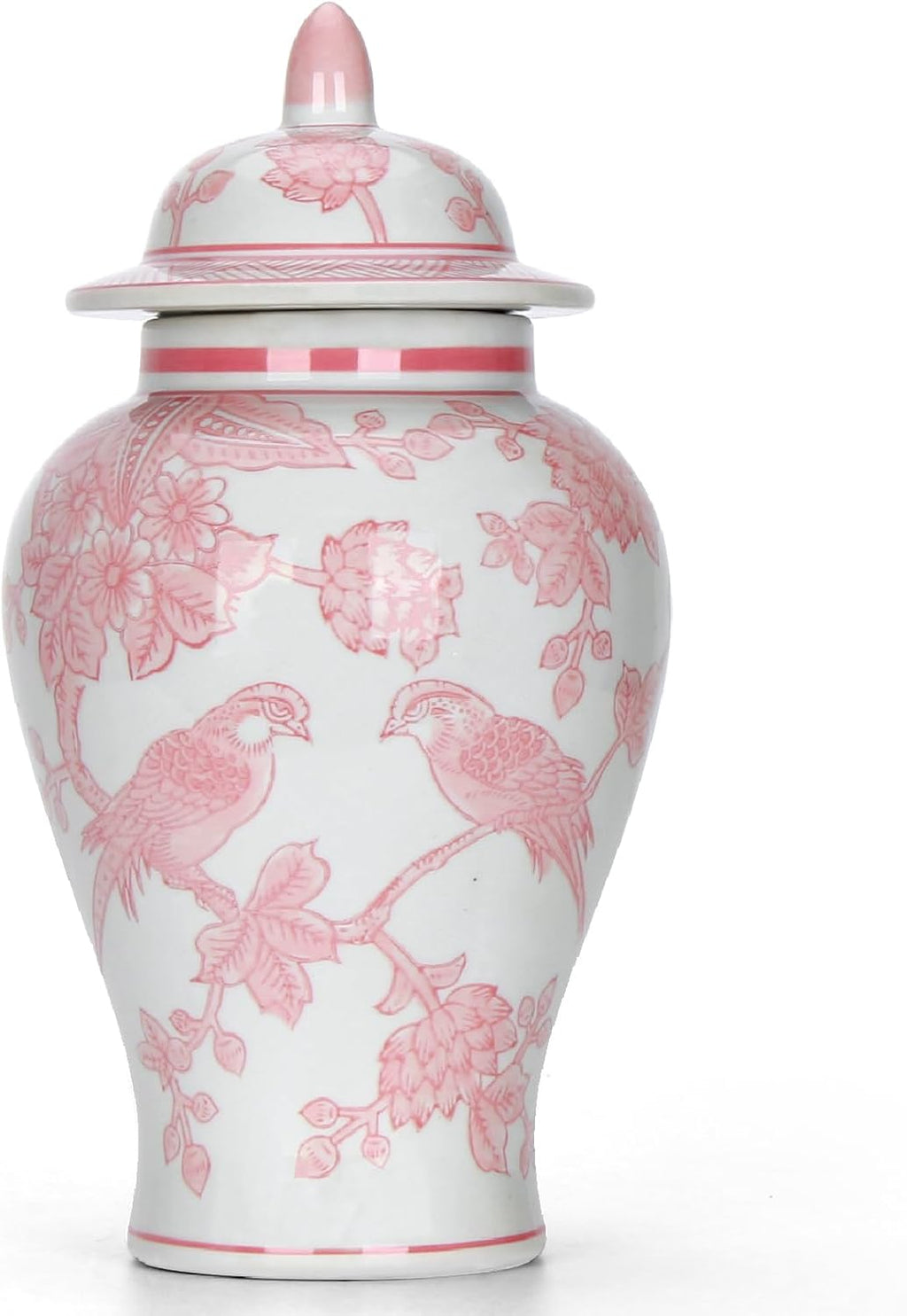 11′′ Pink Ginger Jar with Lid Porcelain Stylized Songbirds Floral Temple Jar