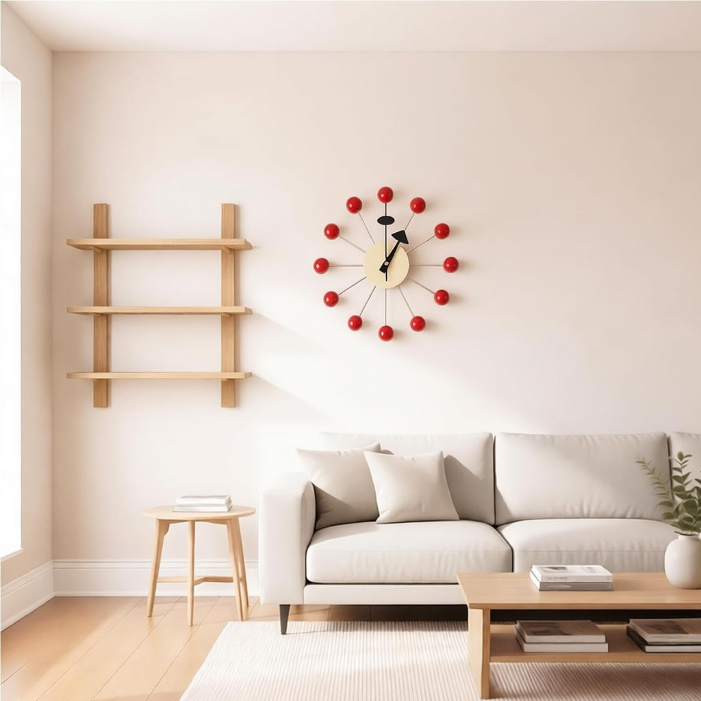 Inspired Nelson Style Modern Mid Century Retro Design Solid Wood Wall Ball Clock Red