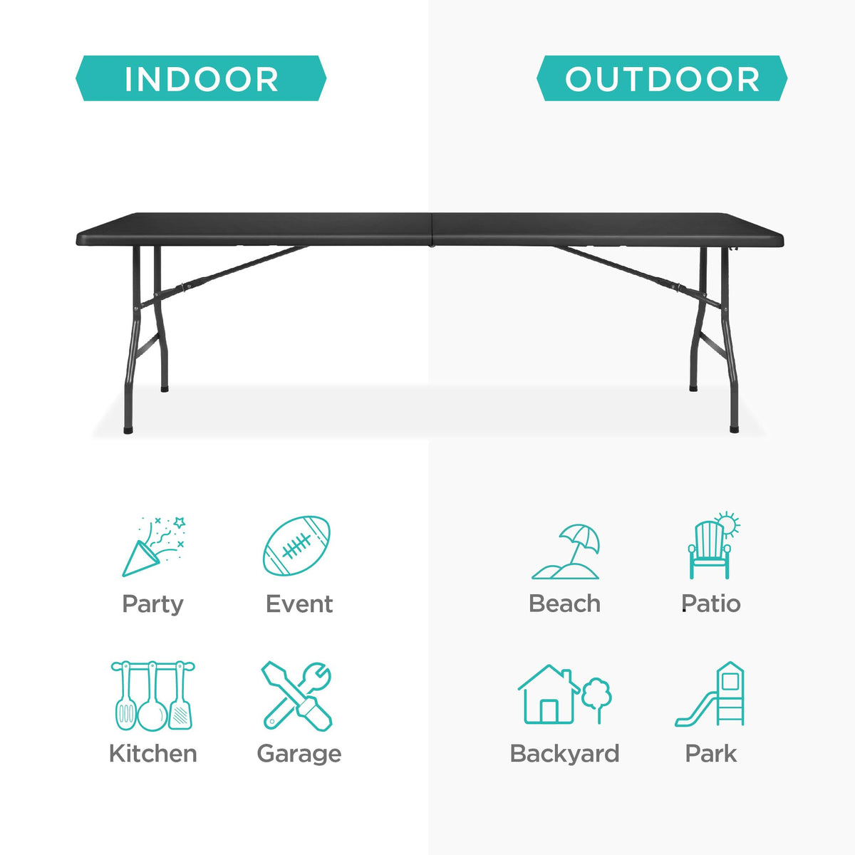 8ft Plastic Folding Table, Indoor Outdoor Heavy Duty Portable w/Handle, Lock for Picnic, Party, Pong, Camping - Black