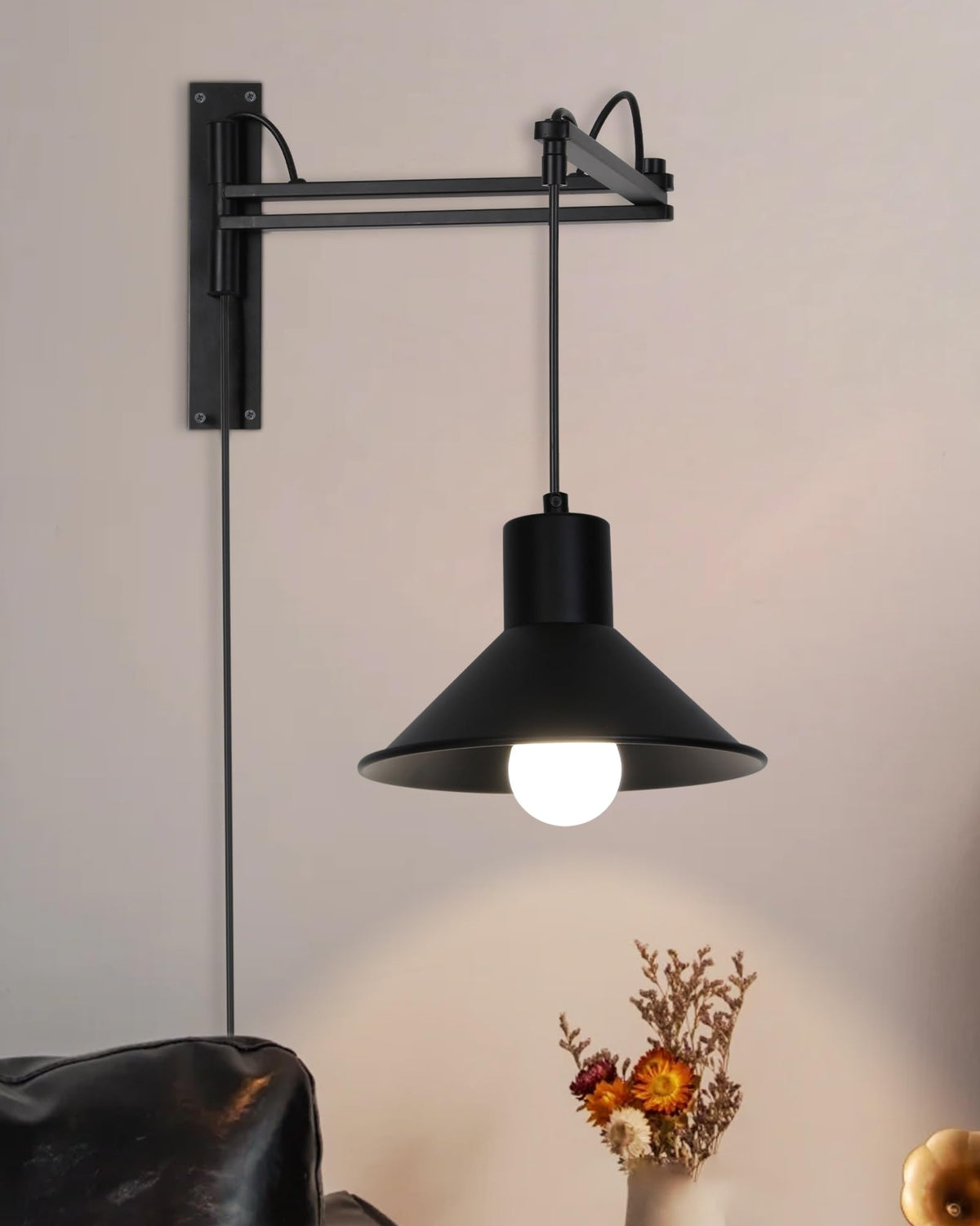 Plug in Wall Sconces, Swing Arm Wall Lamp with Dimmable Switch, Wall Sconce with Plug in Cord for Bedside Bedroom