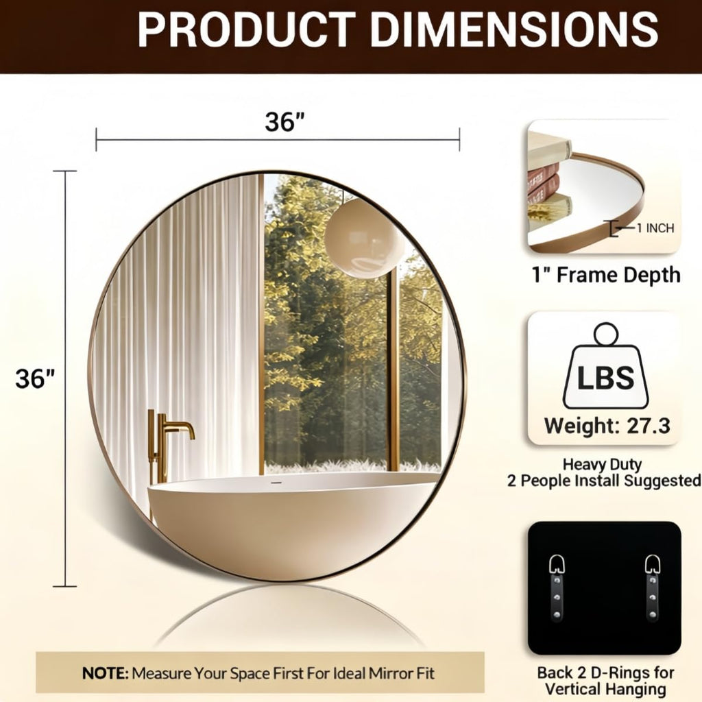 36 Inch Round Mirror, Champagne Bronze Circle Mirror for Wall
