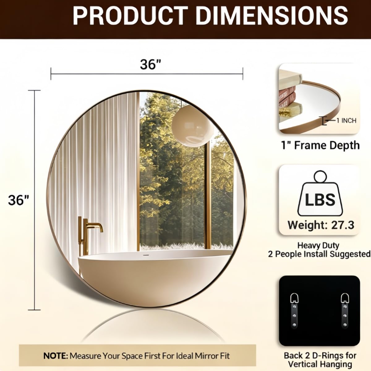 36 Inch Round Mirror, Champagne Bronze Circle Mirror for Wall