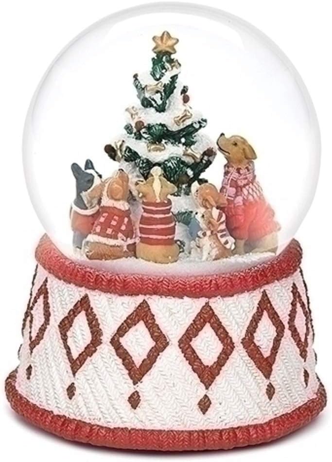 100MM 6" Musical Christmas Snow Globe with Dogs Around a Christmas Tree - Plays "O Christmas Tree" - Glitterdome